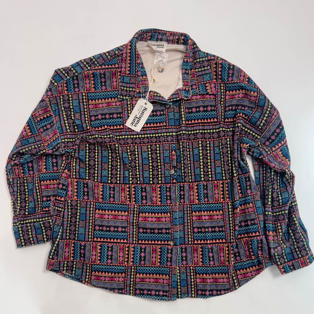 NWT Savanna Jane Colorful Aztec Print Button Down Shirt 2XL